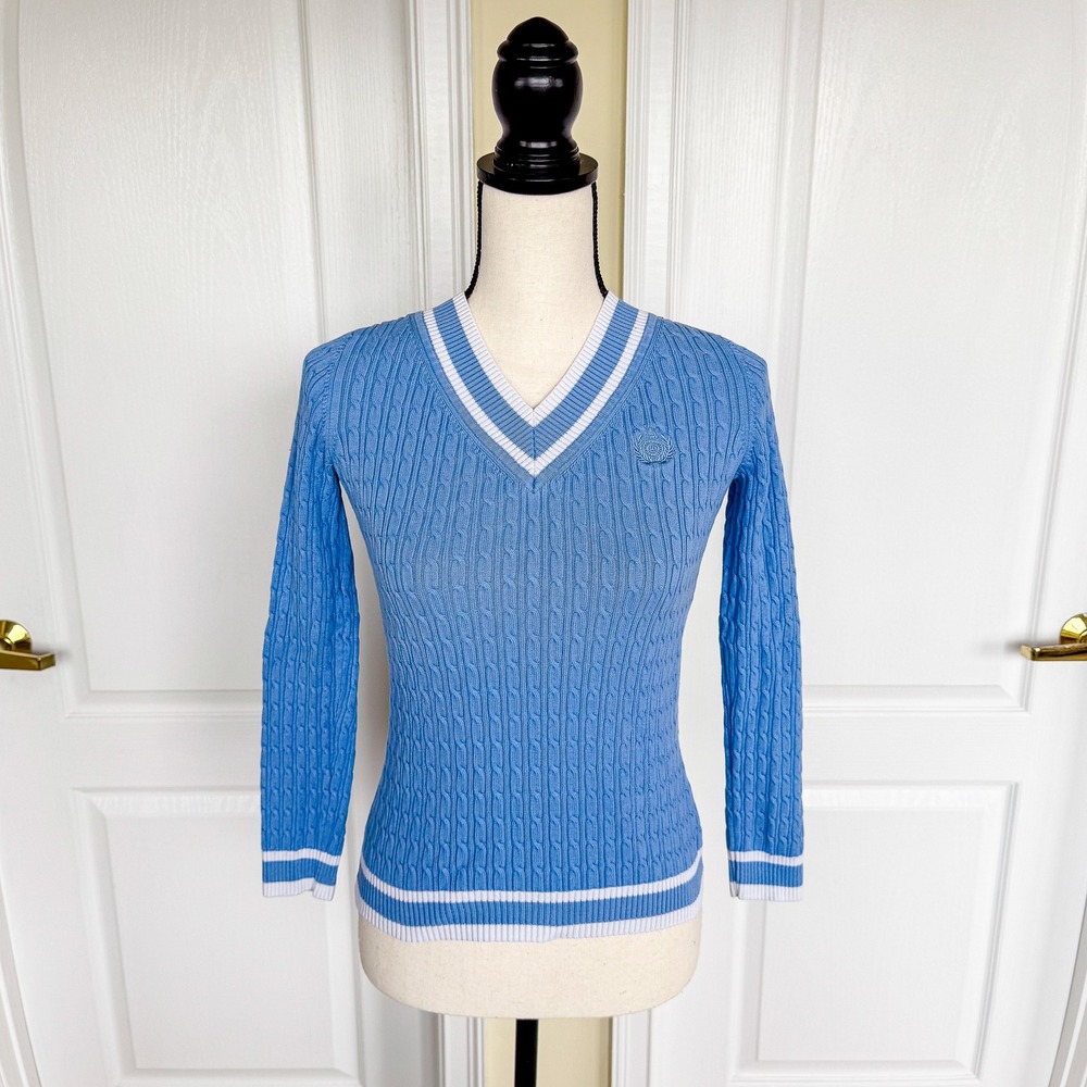 Liz Claiborne Petite Blue Cable Knit V Neck Sweater Size P Striped Collar